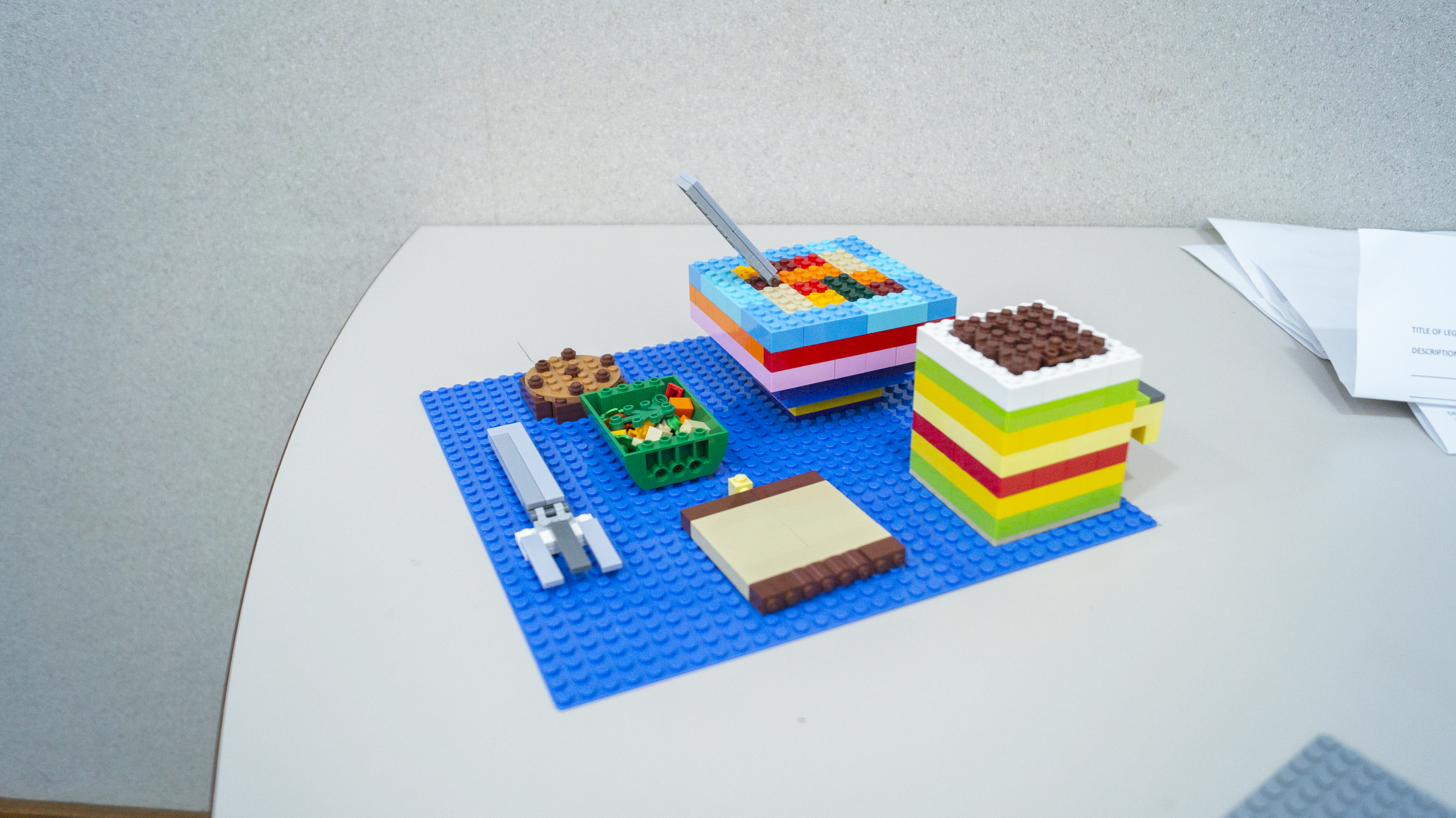 A Lego creation showing various food items.