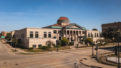 An aerial view of the library from Washington Street.