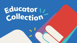 A stack of books offset by wavy text saying Educator Collection