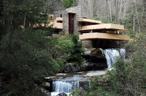 Image of Falling water home designed by Frank Lloyd Wright. 