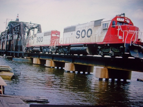 Soo Line train crossing the Fox River bridge. 